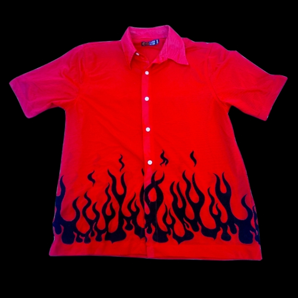 COUNTER CULTURE Men's 90's Y2K Mesh Button Up with Flame Detail Rare